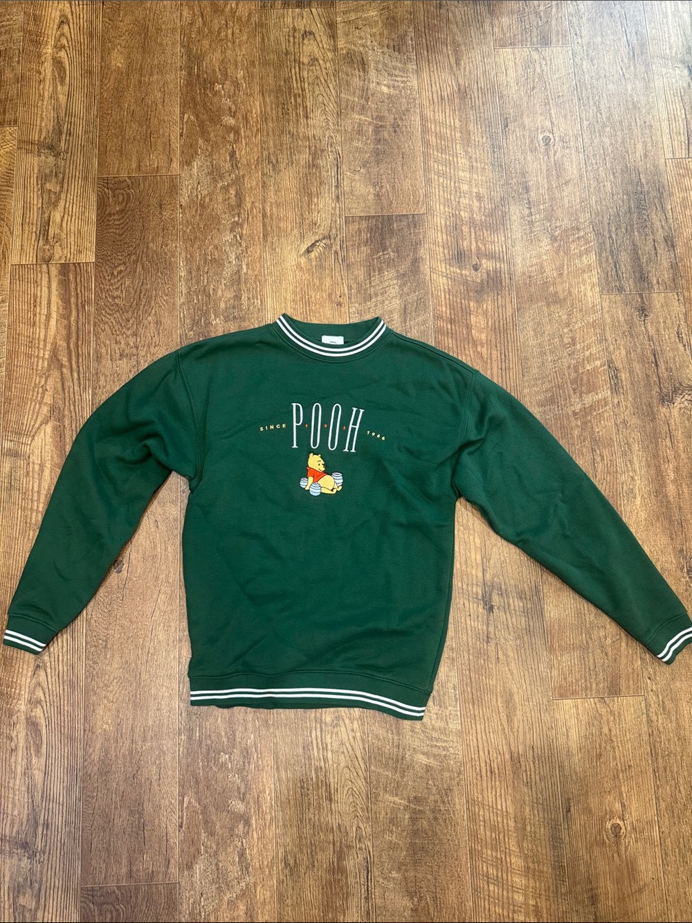 Disney Green Pooh Crewneck Sweater with Contrast Trim - Women's